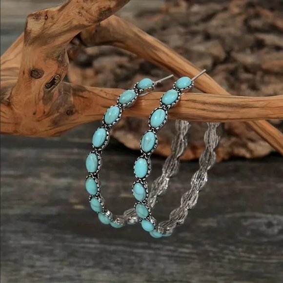 Solid 925 Sterling Silver Turquoise Hoop Womens Earrings Ladies Hoops Jewelry - Picture 1 of 6